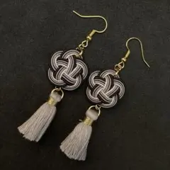 水引ピアス タッセル グレー系 梅結び×菜の花結び ハンドメイドアクセサリー