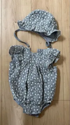 ZARA ベビー　デニム　花柄刺繍　ロンパース 帽子付き