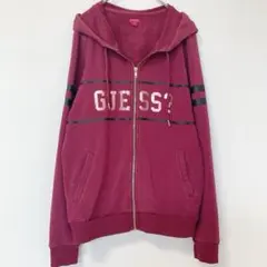 【極暖ボア】GUESS ゲス ジップアップパーカー ワインレッド 金ロゴ M