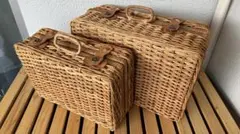 皮付きラタン トランクバスケット 2個セット（籐かご ピクニックバスケット）