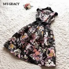 極美品 M'S GRACY フレアワンピース リボン 38 花柄 薔薇 ブラック