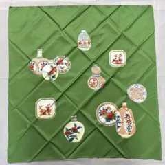 新品未使用品　緑色の陶器と花模様の風呂敷　70cm 二巾　ナイロン100% 共箱