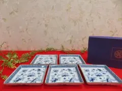6ee1619 たち吉　遊魚　銘々皿5枚セット　角盛鉢 陶器製 染付