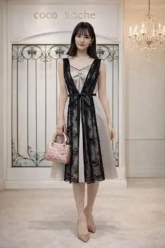 美品9AR号黒レースベージュ フレア 結婚式 美スタイル＆美お顔映りワンピドレス