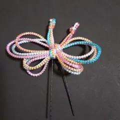 髪飾り 蝶 叶結び 水色✕橙✕ピンク✕黄色 グラデーション 組紐 パステル 虹