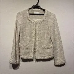 【匿名配送】ツイード風 ノーカラージャケット ラメ入り ホワイト系　Mサイズ