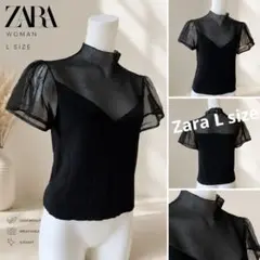ZARA WOMAN シアー切替 半袖トップス ブラック Lサイズのサムネイル