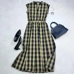 BEAMS HEART ノースリーブ チェックワンピース バンドカラー　Vネック