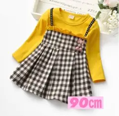 女の子 ワンピース 格子柄 ロンT パール キッズ 黄色 90