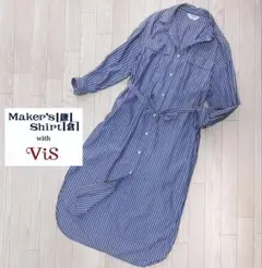 【鎌倉シャツ×VIS】春夏 L シャーリング ストライプシャツワンピース 長袖
