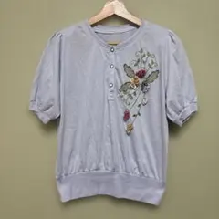 花刺繍 パフスリーブ 半袖カットソー 水色 半袖シャツ 青 肩パッド レトロのサムネイル