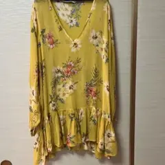 秋物ZARA花柄 長袖 チュニック ブラウス イエロー