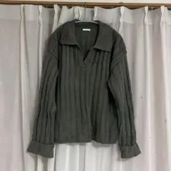 グレー リブ編み Vネック ニット 長袖