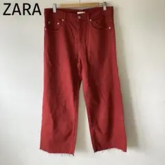 ザラ デニムパンツ ジーンズ ストレート カットオフ　ワイド　レッド　差し色のサムネイル