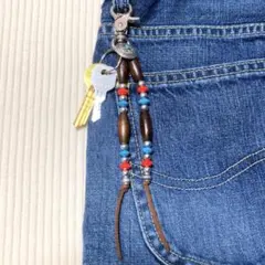 N119 【ビーズキーホルダー・赤×ターコイズ】アメリカ キーホルダー アメカジ