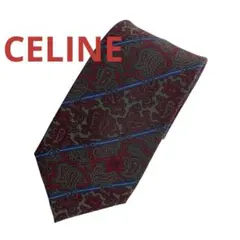 CELINE ネクタイ シルク100% ペイズリー柄 ストライプ ボルドー 古着のサムネイル