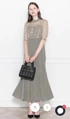 【LEJA】レース花柄透け切り替えロング丈マーメイドフレアワンピースドレス