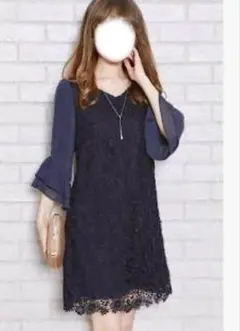 リランドチュール　ネイビー　パーティドレス　フラワーレース　シフォン　フレア袖
