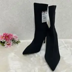 ZARA ザラ ピンヒールストレッチブーツ 黒 ニット ポインテッドトゥブーツのサムネイル