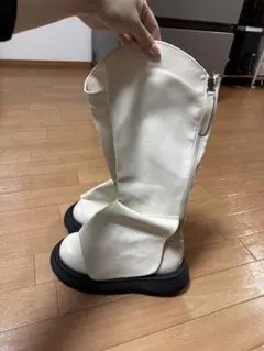 ホワイト ロングブーツ 24.5cm 厚底5cm ファスナー付き 美品