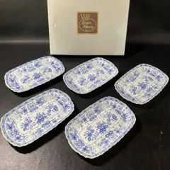 【未使用】長皿　角皿　5枚セット　ブルー　花柄　レトロ
