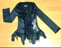 h.NAOTO Blood／フリルブラウス ／黒／レースアップ・薔薇プリント