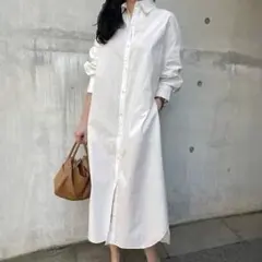 【新品タグ付き】ロングシャツワンピース M〜L ベージュ リボン付き