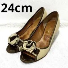 atelier brugge 本革　オープントゥパンプス ベージュ リボン付き