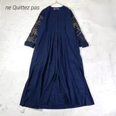 美品✨ヌキテパ ネイビー チェック ゴールド 刺繍 ロングワンピース