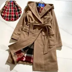 ブルーレーベルクレストブリッジ フーデッドロングコート チェック キャメル M