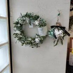 秋色紫陽花と小花のグリーンリース　直径約22cm　ブーケ付
