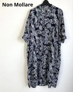 Non Mollareネイビー葉柄シャツワンピース五分袖ノーカラーゆったりM-L