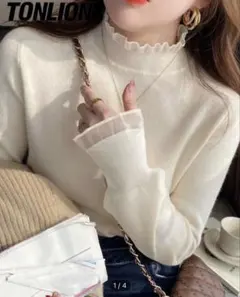 SHEIN TONLION フリルネック ニットセーター アイボリー