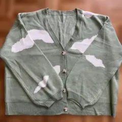 SHEIN Vネック ニットカーディガン ミントグリーン 雲柄 オーバーサイズ