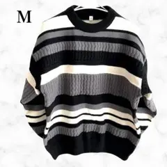 【新品】セーター M ストライプ プルオーバ 黒 白 クルーネック ゆったり