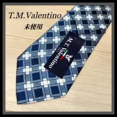 N31【T.M.Valentino】ネクタイ  紺×白×チェック×格子柄