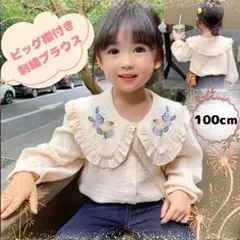 刺繍 ビッグ襟 ブラウス キッズ 女の子 100cm 春夏 薄手 フリル レース