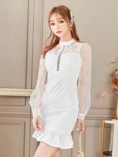 ハイネックシアーフラワーチュールマーメイドミニドレス S ホワイト デイジー