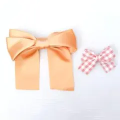リボン 2点セット オレンジ サテン チェック バレッタ 卒業式 入学式 発表会