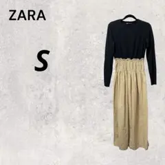 ZARA ザラ S 黒 ワンピース ベージュ 異素材 切替 ギャザー USA S