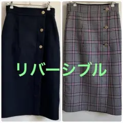 リバーシブル タイトスカート ロング　ネイビー＆ピンクチェック柄 Mサイズ