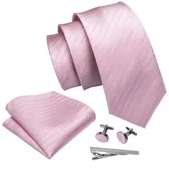 ネクタイ 4点セット チーフ カフスボタン タイピン ピンク ストライプ シルク
