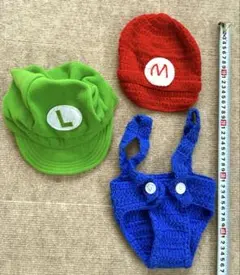 ベビーコスチューム ニット マリオ ルイージ 帽子　赤色　青色　緑色　新生児