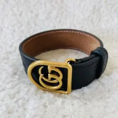 GUCCI ブレスレット GGロゴ バングル レザー 黒 ゴールド レディース 