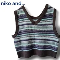 ニコアンド ブラウンとブルー ボーダー Vネック ニットベスト L 重ね着