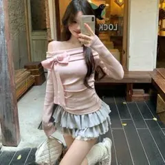 肩レースリボンオフショルトップス