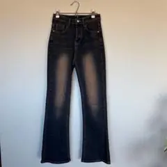 ハイウエスト フレアデニム ブーツカット ブラック ウォッシュ加工