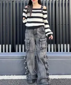 【新品未使用】 Figments ストラップベルトオフショルボーダーニット