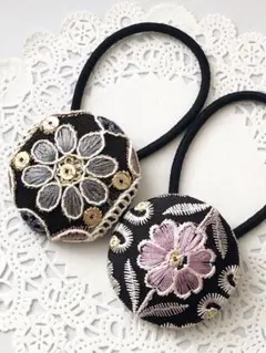 【No.134】インド刺繍 くるみボタン38㎜ ヘアゴム 2個セット