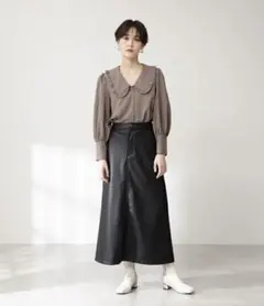 チェックロングカラーパフブラウス